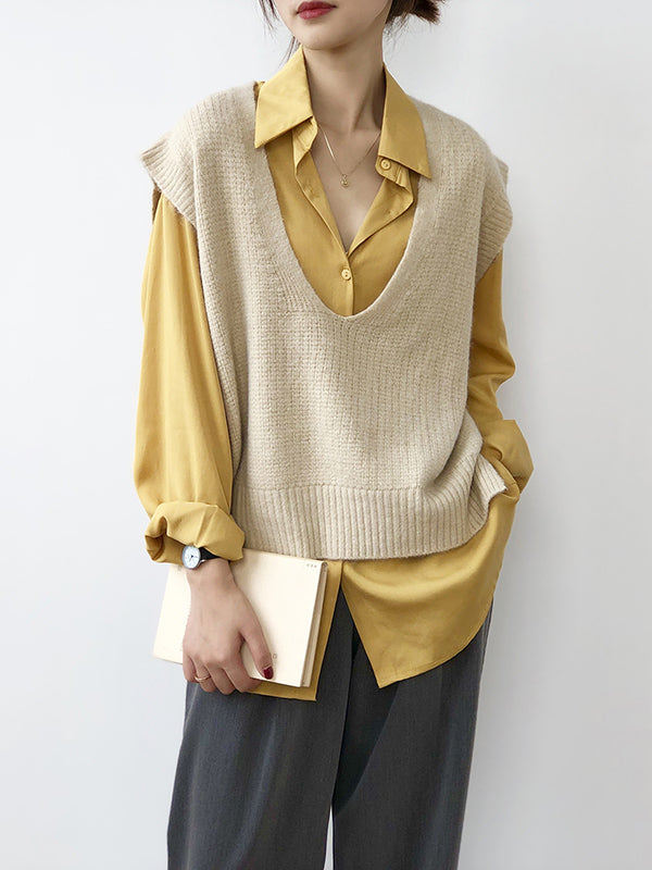 xakxx Knitting Irregularity Solid V-Neck Vest
