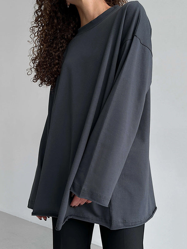 xakxx Long Sleeves Loose Solid Color Round-Neck T-Shirts Tops