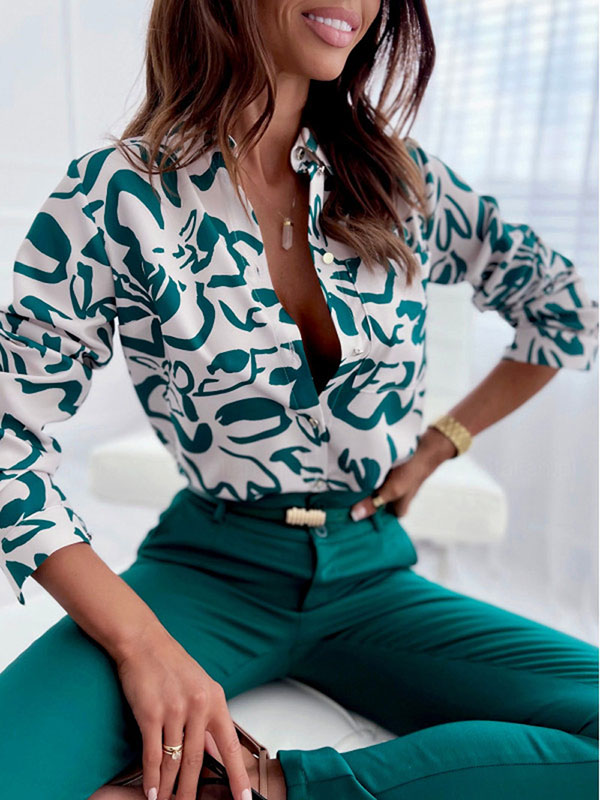 xakxx Long Sleeves Loose Printed Lapel Blouses