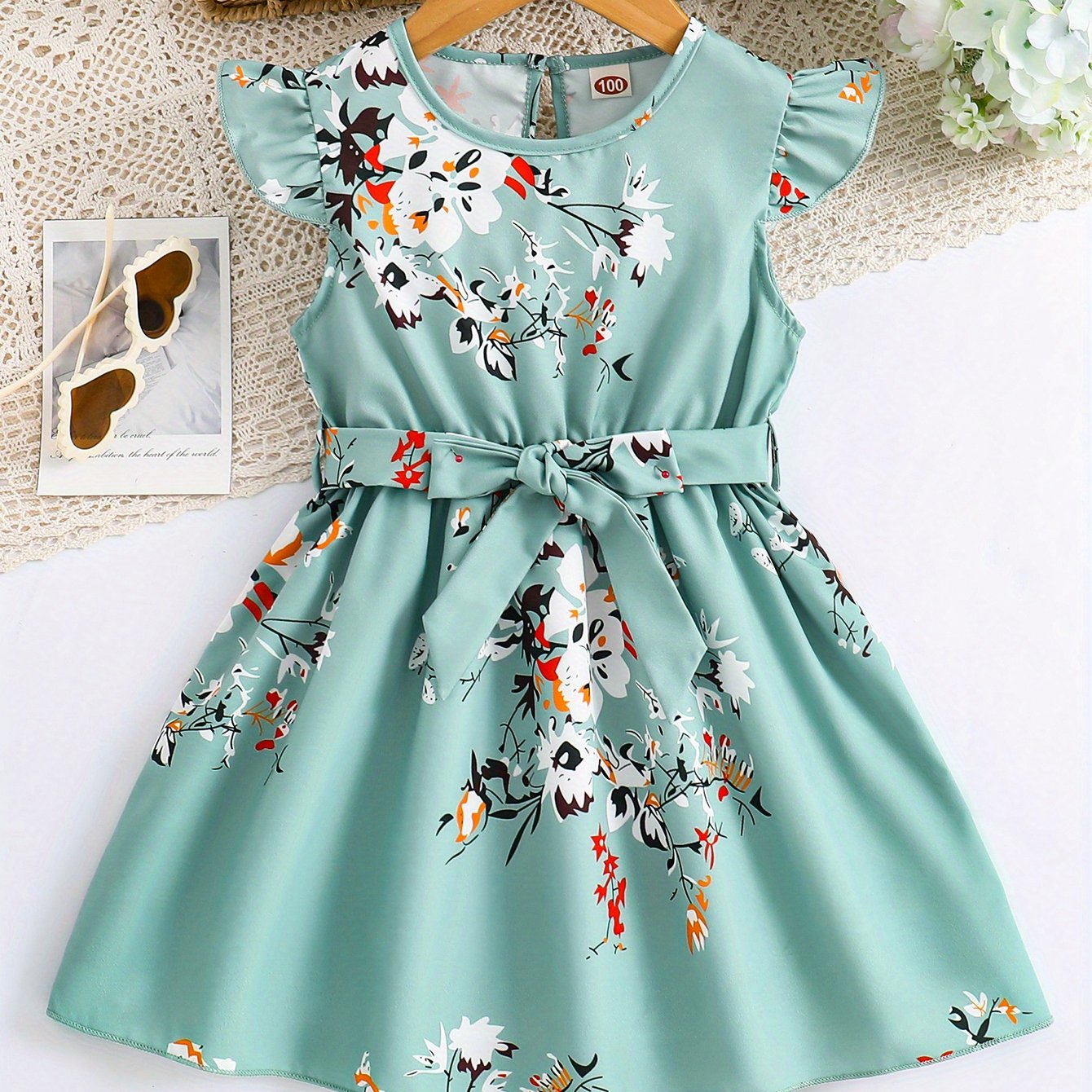 Girls Charming Floral Midi Dress - Fashionable Flying Sleeve & Sleeveless Combo, Lightweight & Comfortable for Sweet Summer Days, Adorable Daily Wear Dress with Bold Pattern