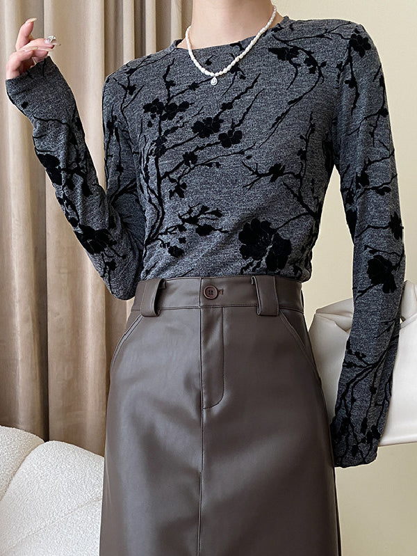 xakxx Long Sleeves Flower Print Round-Neck T-Shirts Tops