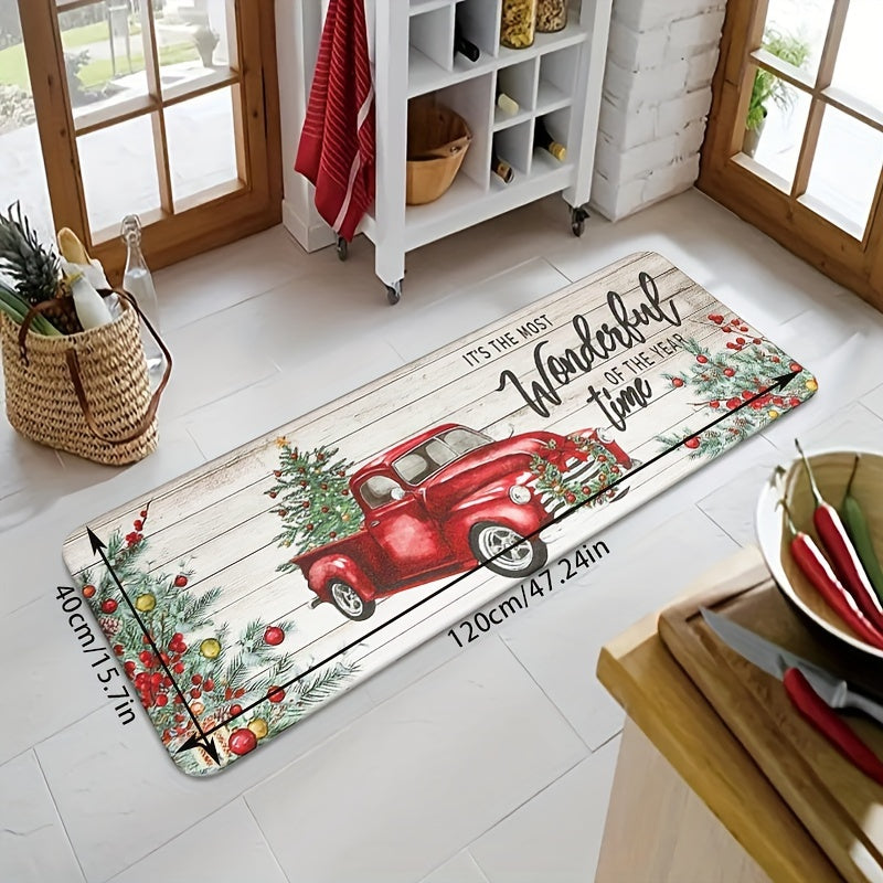 1pc Christmas Car Bathroom Absorbent Floor Mat, Merry Christmas Quick-drying Floor Mat, Christmas Tree Non-slip Floor Mat, Hallway Balcony Polyester Rug, Entrance Door Mat, Christmas Decorative Rug, Washable Home Operated Rug Hallway Laundry Room