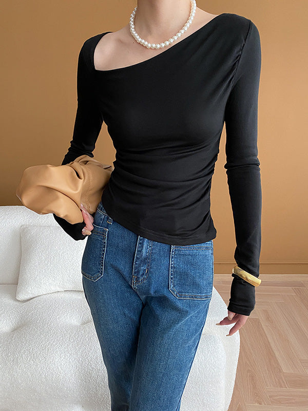 xakxx Long Sleeves Skinny Solid Color Asymmetric Collar T-Shirts Tops