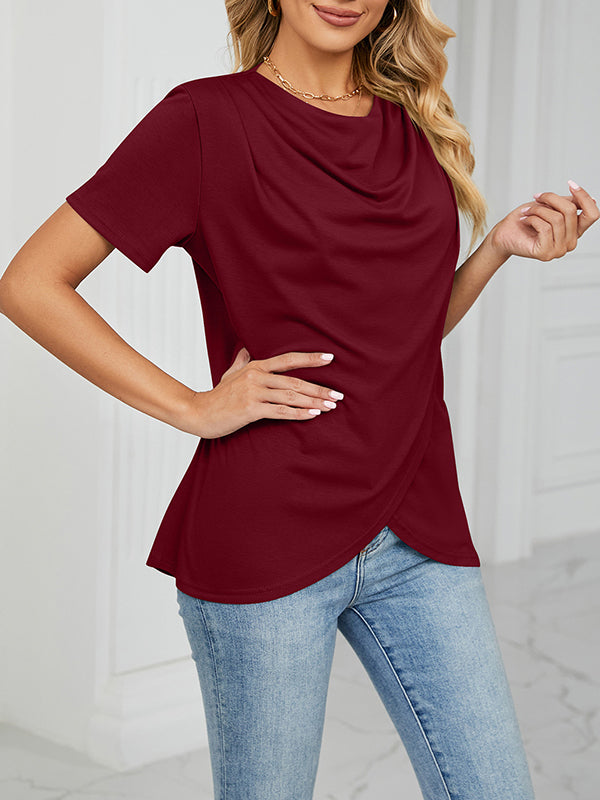xakxx Loose Short Sleeves Pleated Solid Color Split-Joint Round-Neck T-Shirts