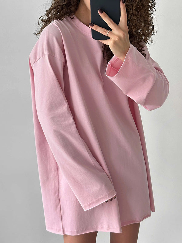xakxx Long Sleeves Loose Solid Color Round-Neck T-Shirts Tops