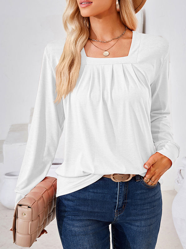 xakxx Long Sleeves Loose Pleated Solid Color Square-Neck T-Shirts Tops