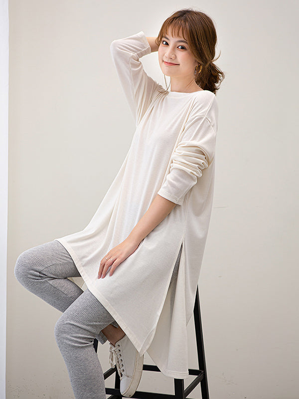xakxx Casual High-Low Long Sleeves Solid Color Round-Neck T-Shirts Tops