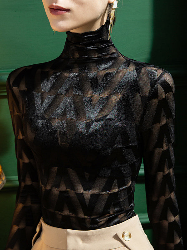 xakxx Stylish Skinny Long Sleeves Embroidered Split-Joint Checkered High-Neck T-Shirts Tops