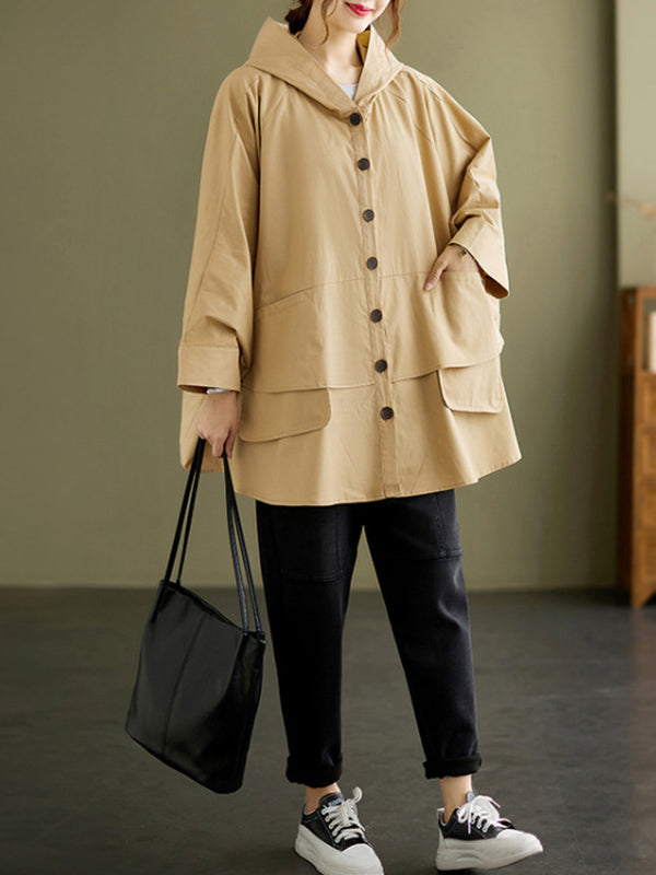 xakxx Loose Solid Color Buttoned Hooded Long Sleeves Trench Coat