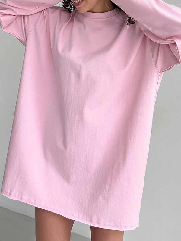 xakxx Long Sleeves Loose Solid Color Round-Neck T-Shirts Tops