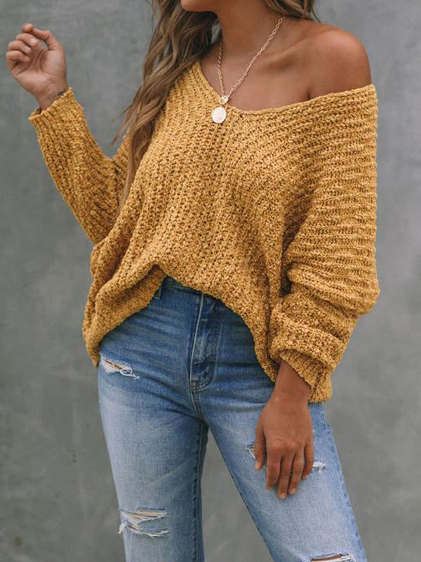 xakxx Long Sleeves Loose Solid Color V-Neck Knitwear Pullovers Sweater Tops