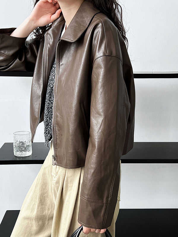 xakxx Long Sleeves Loose Solid Color Zipper Lapel Collar Jackets&Coats Outerwear