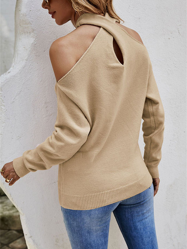xakxx Casual Long Sleeves Solid Color Halter-Neck Sweater Tops