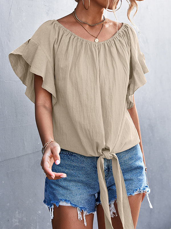 xakxx Loose Short Sleeves Elasticity Falbala Pleated Solid Color Tied Round-Neck T-Shirts Tops