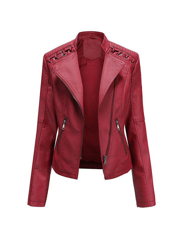 xakxx Long Sleeves Split-Joint Zipper Mock Neck PU Jackets Outerwear