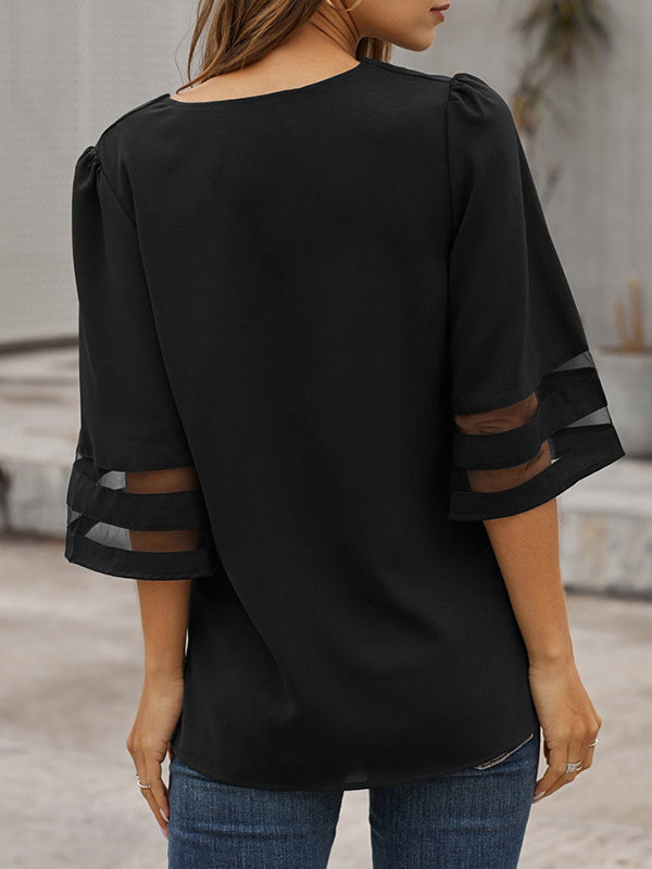xakxx Loose Solid Color Split-Joint V-Neck T-Shirts Tops