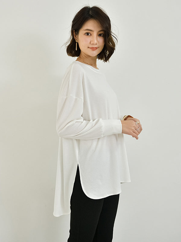 xakxx Simple Long Sleeves Loose Split-Side Solid Color Round-Neck T-Shirts Tops