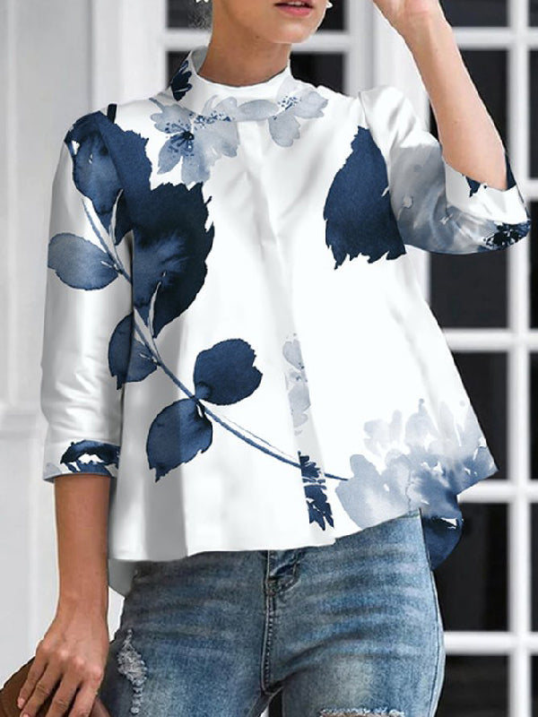 xakxx Three-Quarter Sleeves Floral Printed Stand Collar Blouses&Shirts Tops