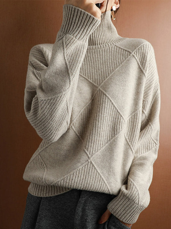 xakxx Casual Loose Solid Color Striped High-Neck Long Sleeves Sweater Tops