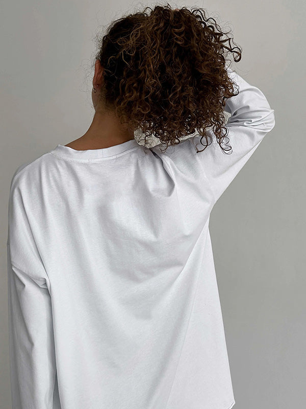 xakxx Long Sleeves Loose Solid Color Round-Neck T-Shirts Tops