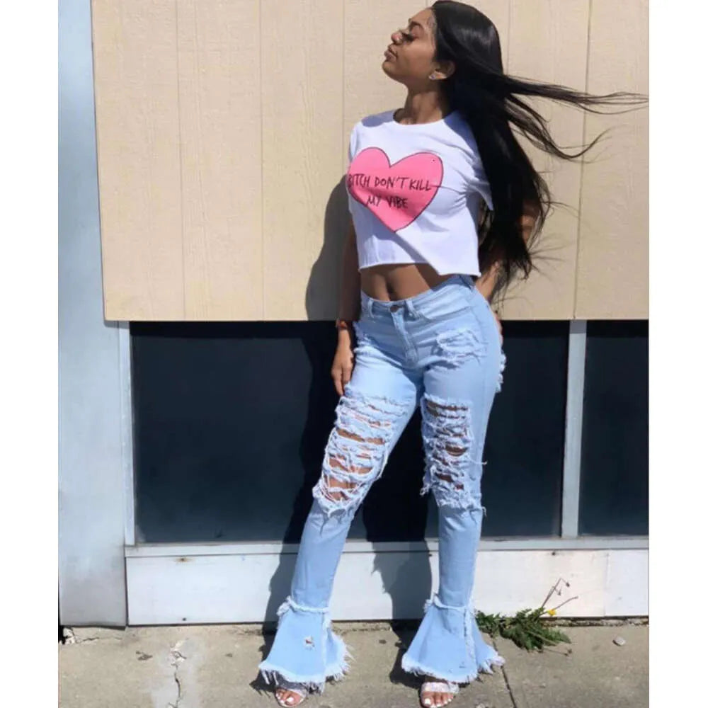 Women's Fashion Tassel Distressed Denim Ruffled Edge Long Pants New Women's