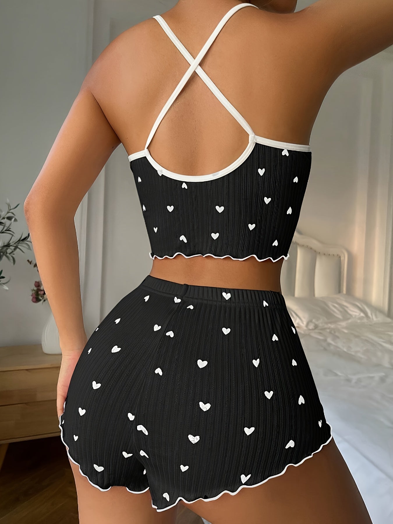 Romantic Heart Print Pajama Set - Soft Ribbed Fabric with Flirty Frill Trim, Bow Detail Notched Cami & Elastic Shorts, Chic Cross-Strappy Backless Top - Womens Stylish Sleepwear for Sweet Dreams