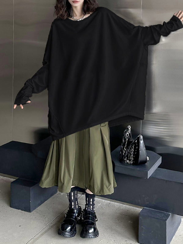 xakxx Batwing Sleeves Long Sleeves Solid Color Round-Neck T-Shirts Tops