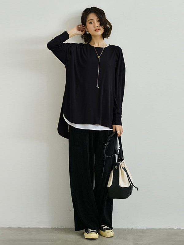 xakxx Simple Long Sleeves Loose Split-Side Solid Color Round-Neck T-Shirts Tops