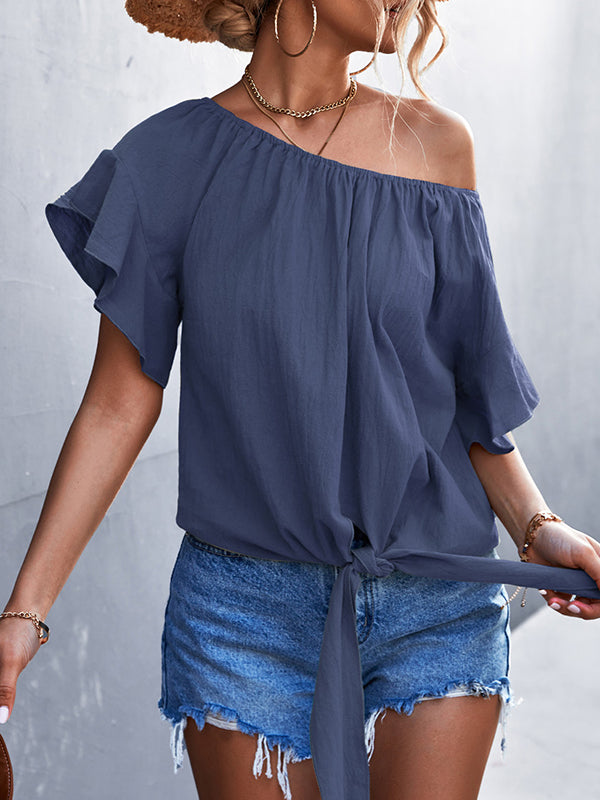 xakxx Loose Short Sleeves Elasticity Falbala Pleated Solid Color Tied Round-Neck T-Shirts Tops