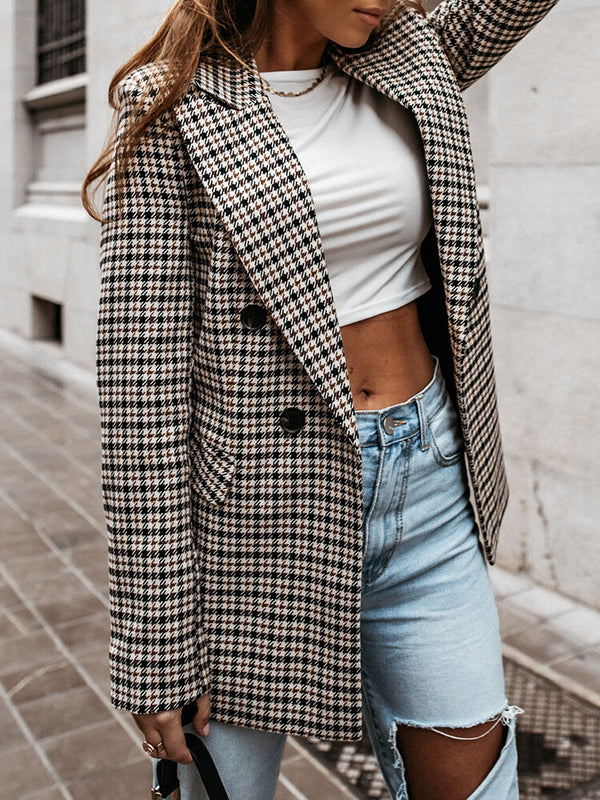 xakxx Long Sleeves Loose Buttoned Houndstooth Notched Collar Blazer Outerwear