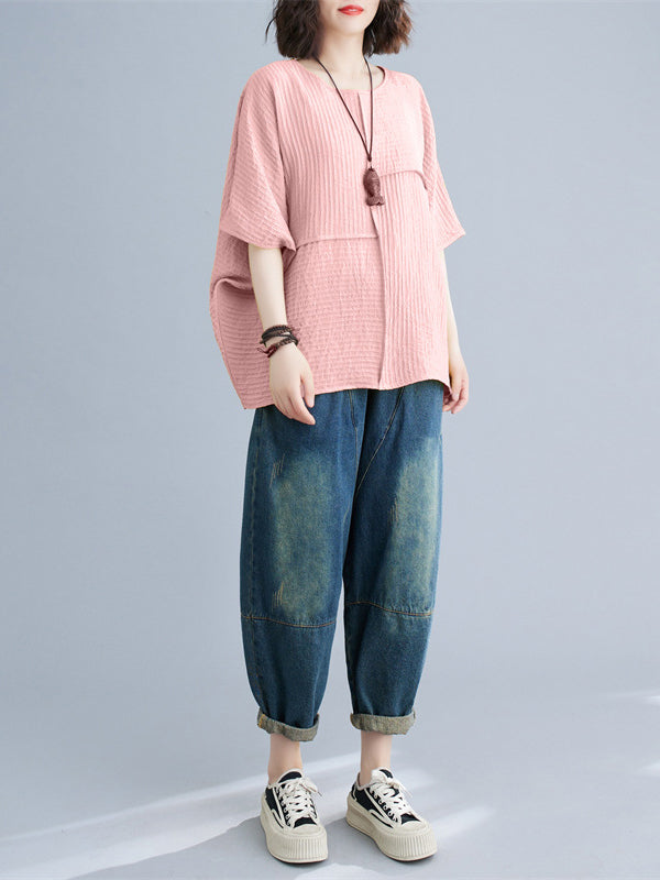 xakxx Batwing Sleeves Loose Solid Color Split-Joint Round-Neck T-Shirts Tops