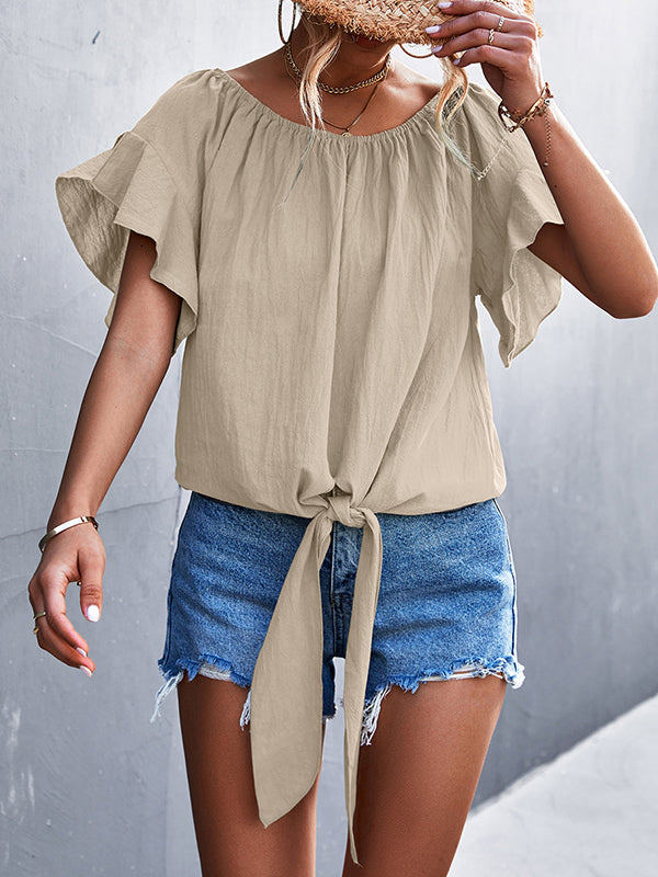 xakxx Loose Short Sleeves Elasticity Falbala Pleated Solid Color Tied Round-Neck T-Shirts Tops