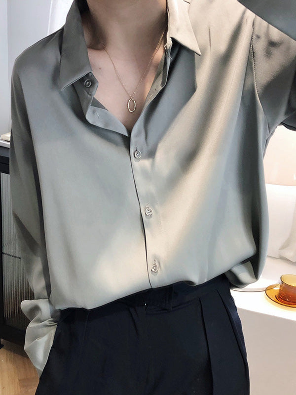 xakxx Simple Solid Color Satin Chiffon Long Sleeve Blouse