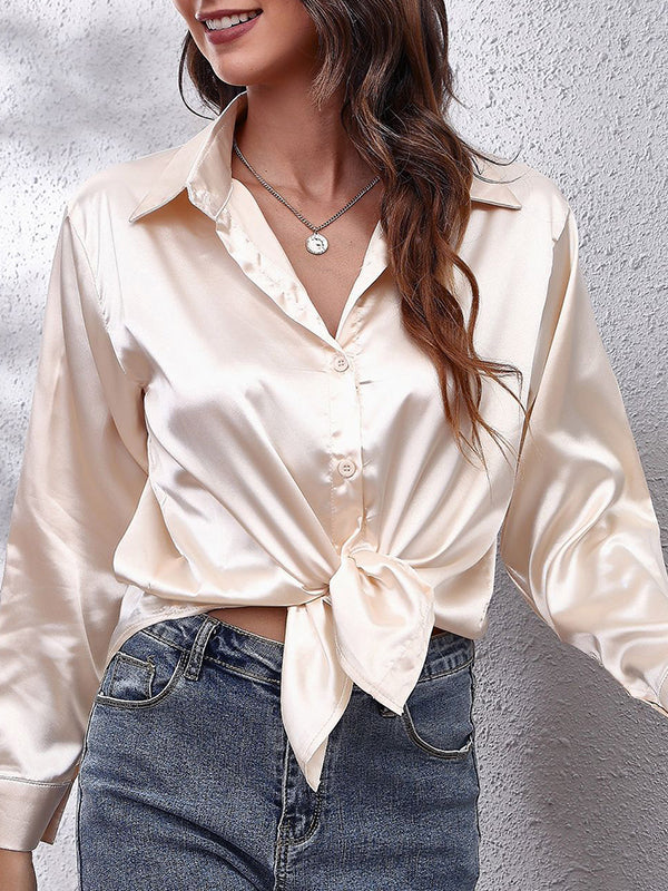 xakxx Long Sleeves Loose Solid Color Lapel Blouses