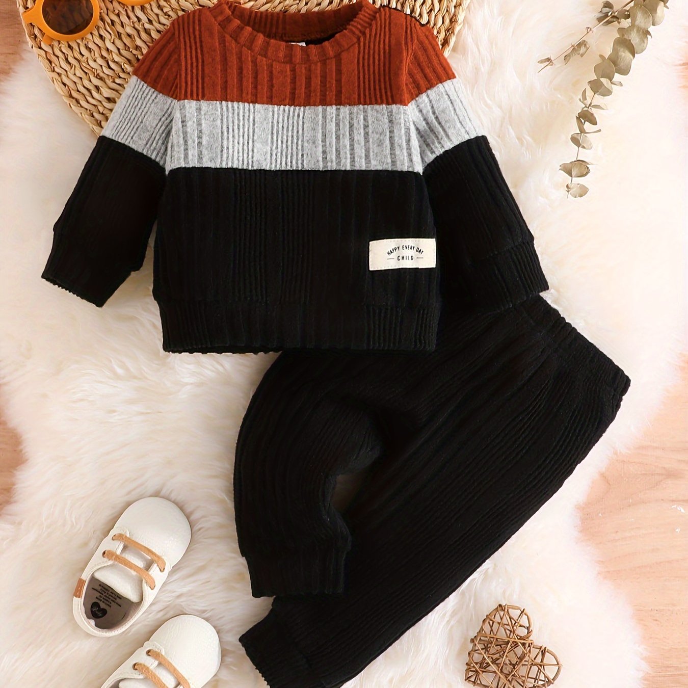2pcs Adorable Baby Boy's Color Clash Outfit Set - Layette Sets - Soft Ribbed Sweatshirt and Pants Combo for Newborns, Perfect Gift for Baby Shower