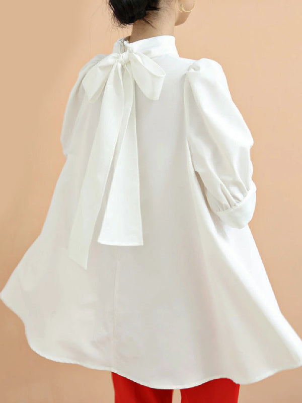 xakxx Casual Loose Bow-Embellished Solid Color Blouse
