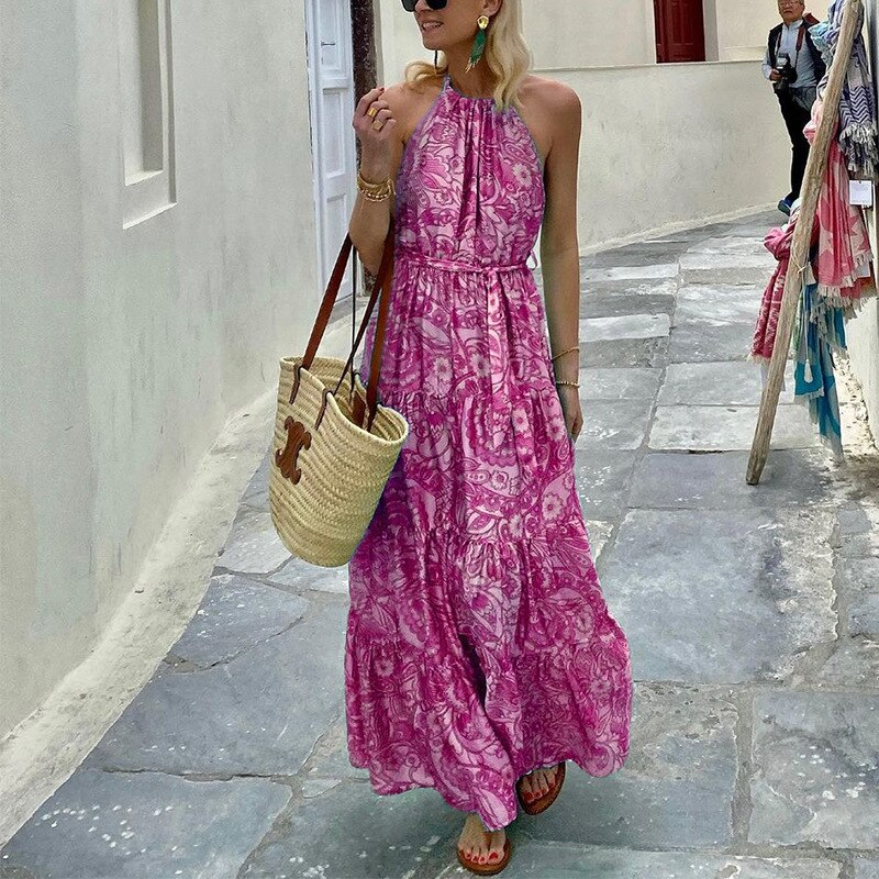 Purpdrank - New Sexy Off Shoulder Sleeveless Long Dresses Fashion Summer Print Maxi Beach Dress Women Elegant Halter Sleeveless Party Dress