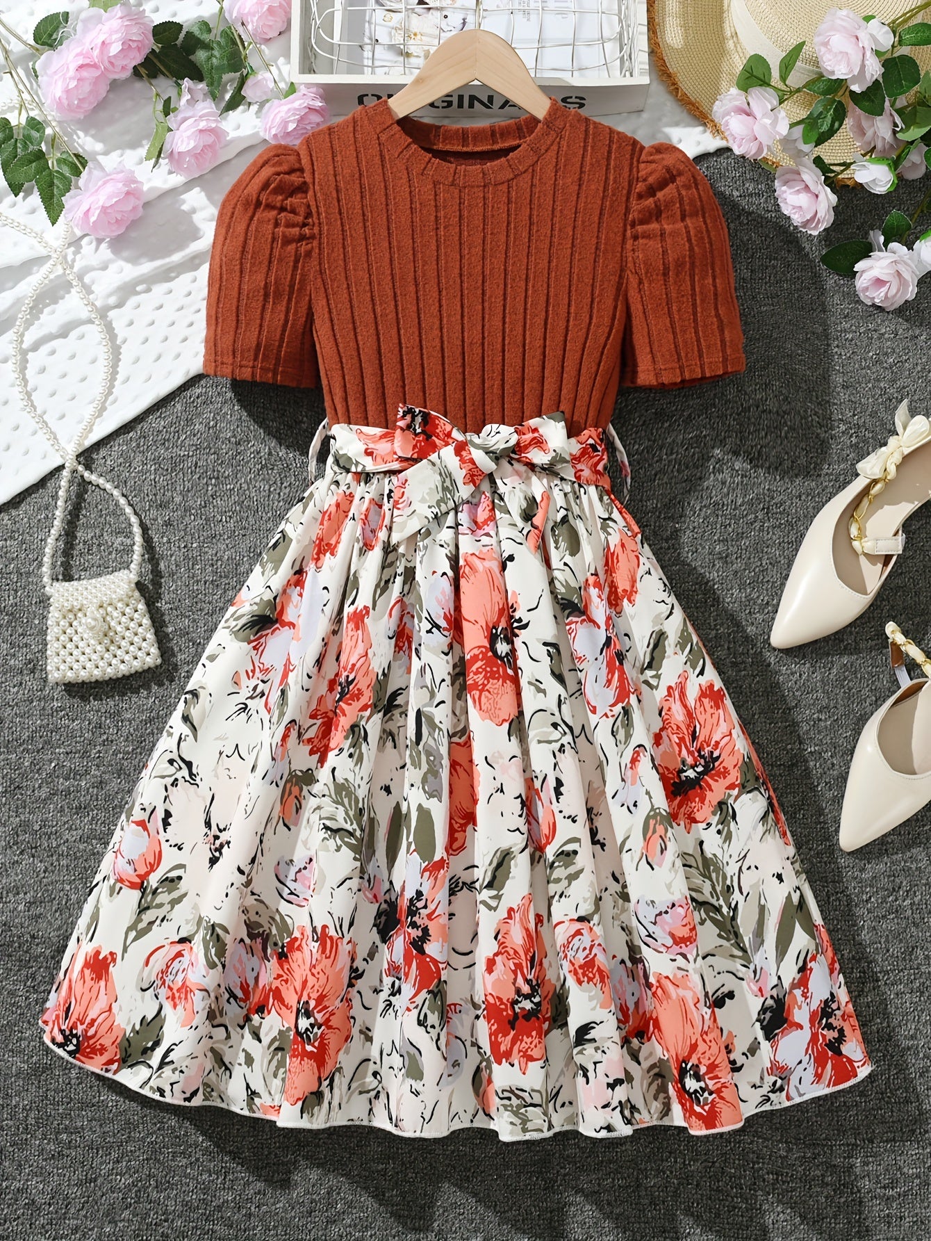 Girls Midi Floral Spliced Casual Dress with Belt - Ribbed Textured, Puff Short Sleeves, Trapeze Hem, and Medium Stretch Polyester Fabric for Summer Vacation Wear