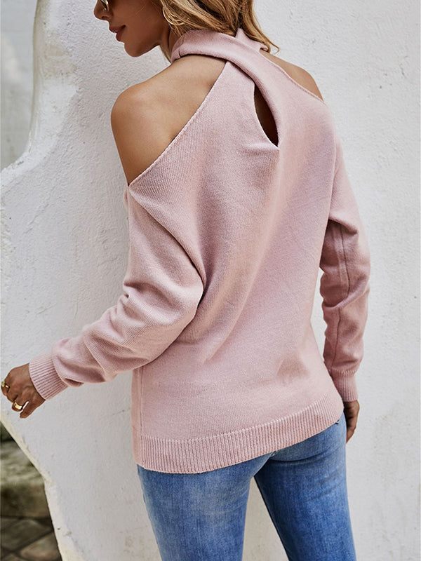 xakxx Casual Long Sleeves Solid Color Halter-Neck Sweater Tops