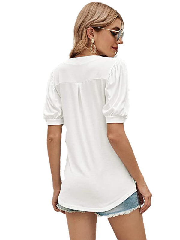 xakxx Simple Solid Color V-Neck Puff Sleeves T-Shirt Top