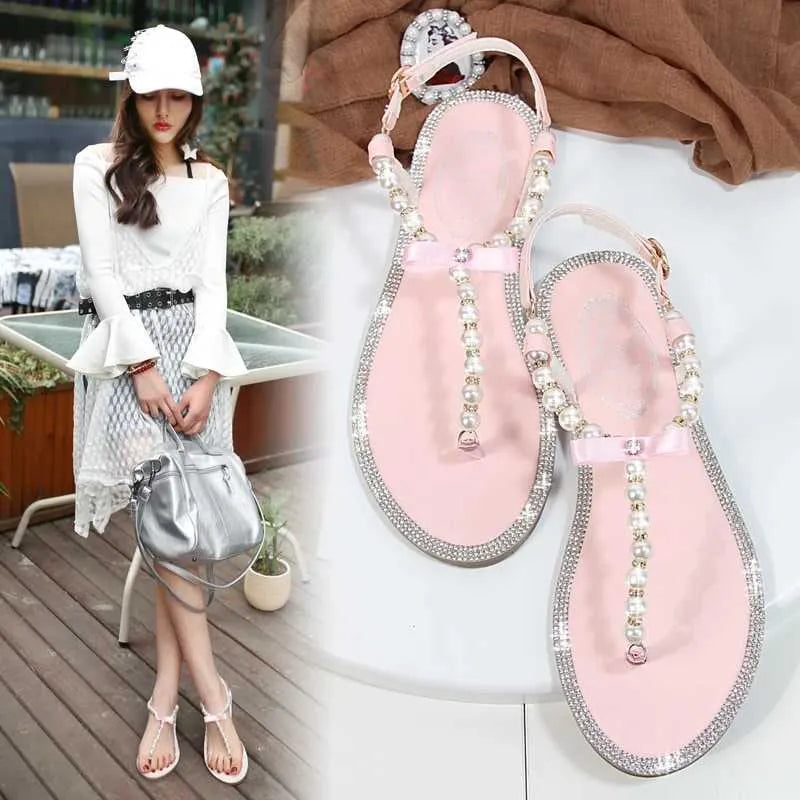 Sandals Women sandals new summer shoes flat pearl sandals comfortable string bead beach slippers casual sandals pink white blackL464