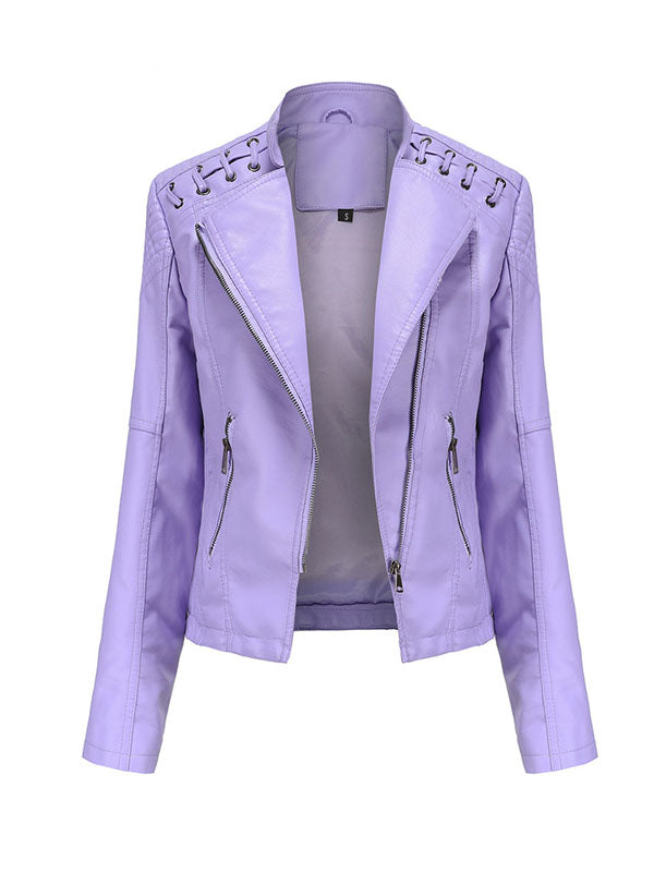 xakxx Long Sleeves Split-Joint Zipper Mock Neck PU Jackets Outerwear