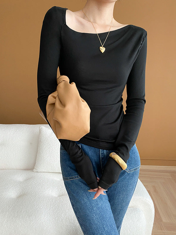 xakxx Long Sleeves Skinny Solid Color Asymmetric Collar T-Shirts Tops