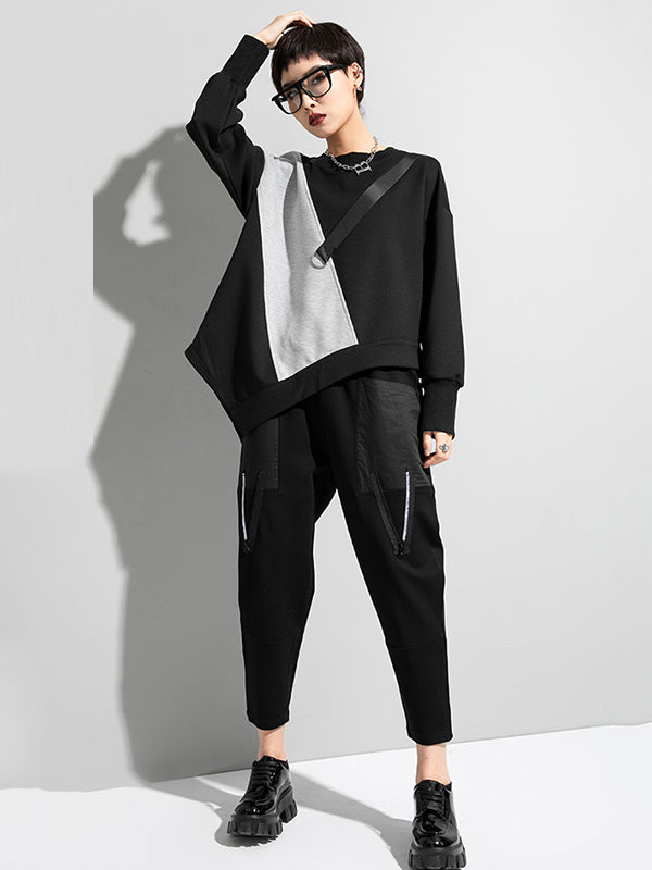 xakxx Stylish Black&Gray Asymmetric Contrast Color Long Sleeves Round-Neck T-Shirt