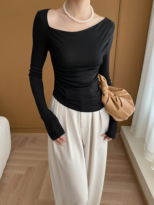 xakxx Long Sleeves Skinny Solid Color Asymmetric Collar T-Shirts Tops