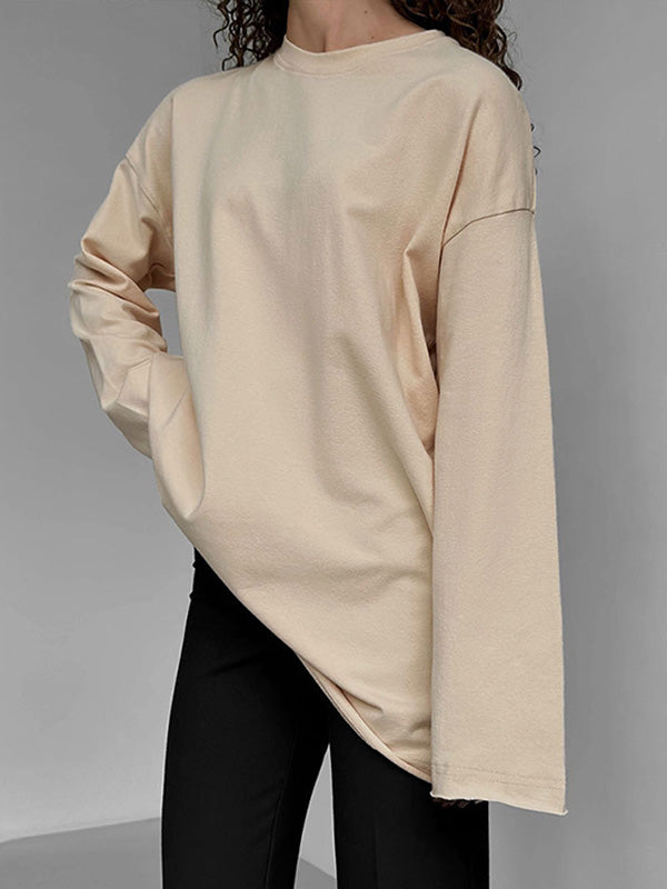 xakxx Long Sleeves Loose Solid Color Round-Neck T-Shirts Tops