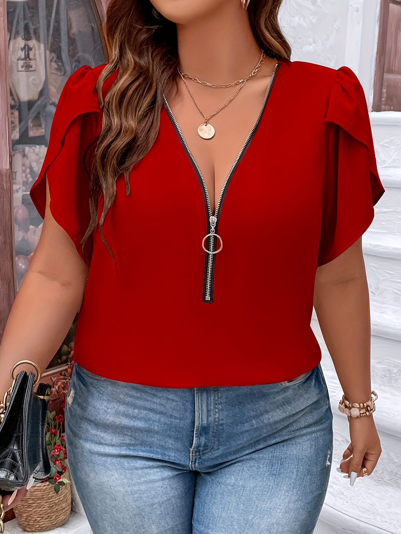 Plus Size Zip Front Blouse with Chic Zip Detail - Fashionable Solid Color, Flirty Petal Sleeves for Spring & Summer Style - Womens Plus Size Clothing