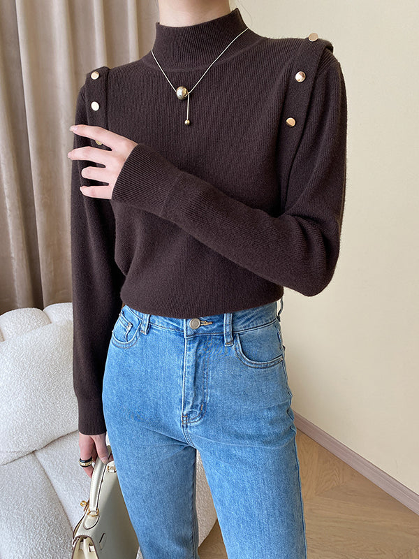xakxx Long Sleeves Buttoned Split-Joint High-Neck Sweater Tops