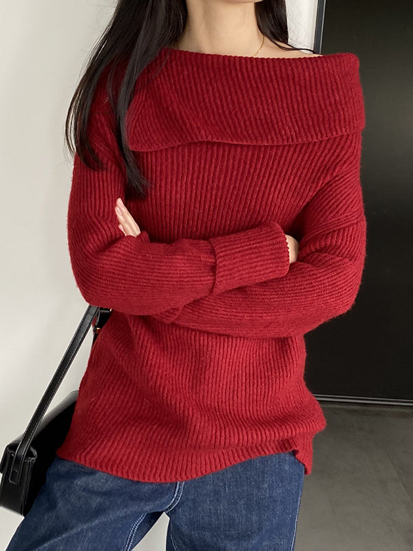 xakxx Long Sleeves Loose Solid Color Off-The-Shoulder Knitwear Pullovers Sweater