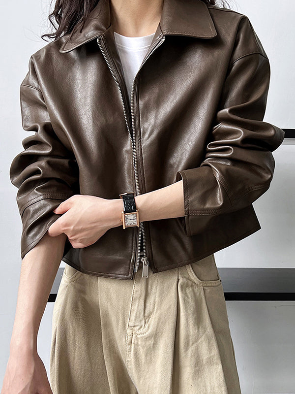 xakxx Long Sleeves Loose Solid Color Zipper Lapel Collar Jackets&Coats Outerwear